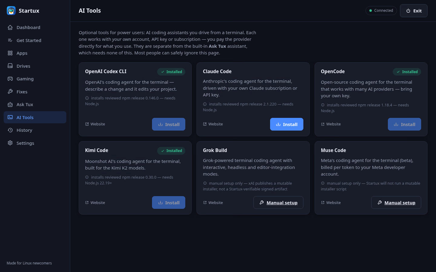 AI Tools page listing optional terminal coding assistants and their setup requirements.