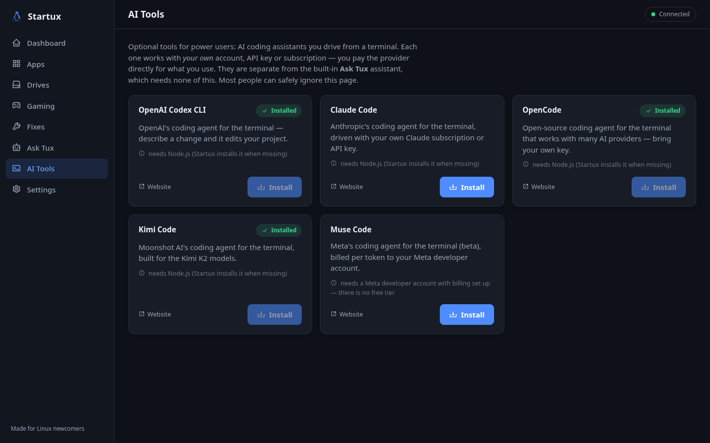 The AI Tools page listing optional terminal coding assistants such as OpenAI Codex CLI, Claude Code, OpenCode, Kimi Code and Muse Code, each with an install button and a note about requirements.