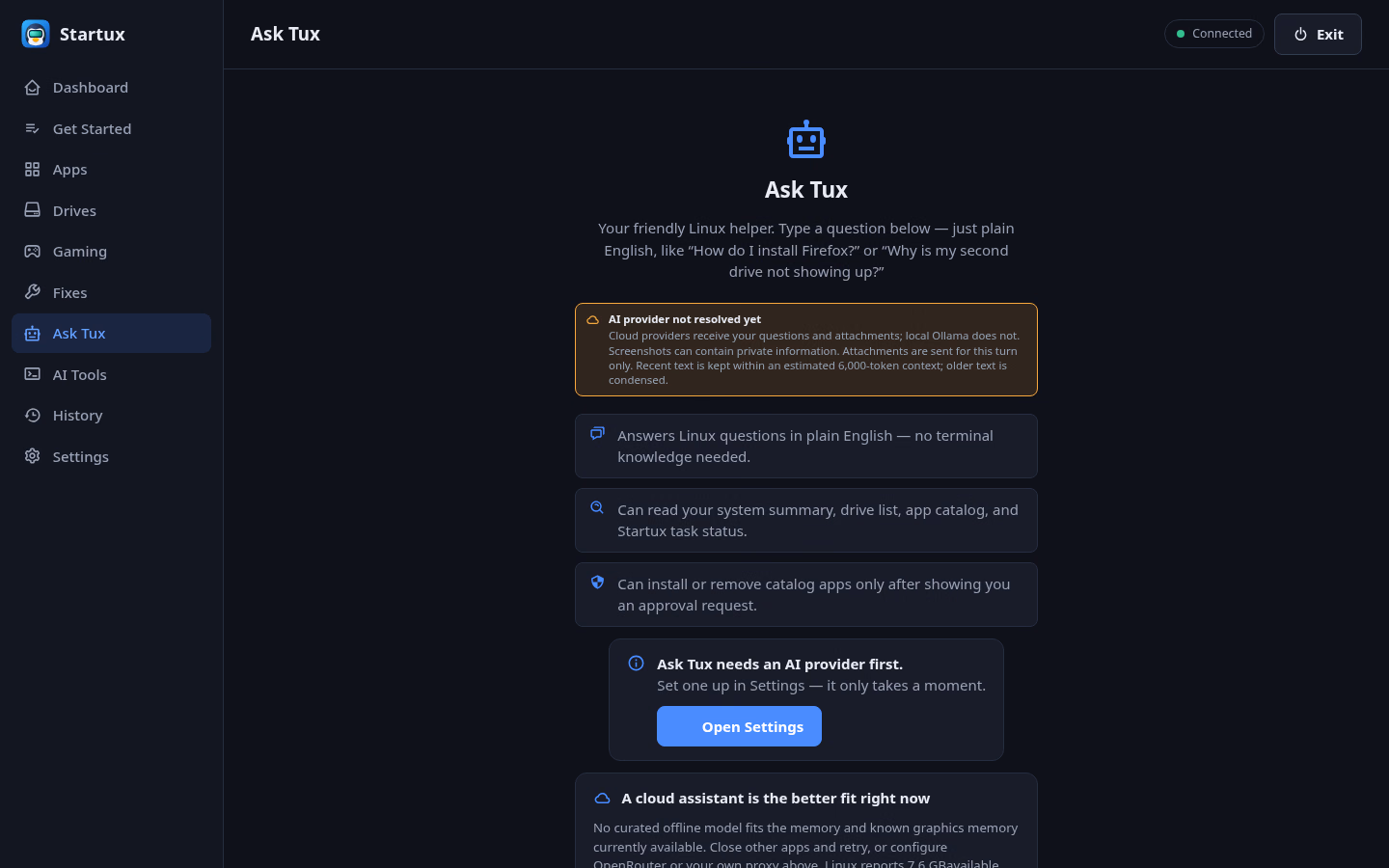 Ask Tux welcome screen describing its data access, confirmed app actions, and provider choices.