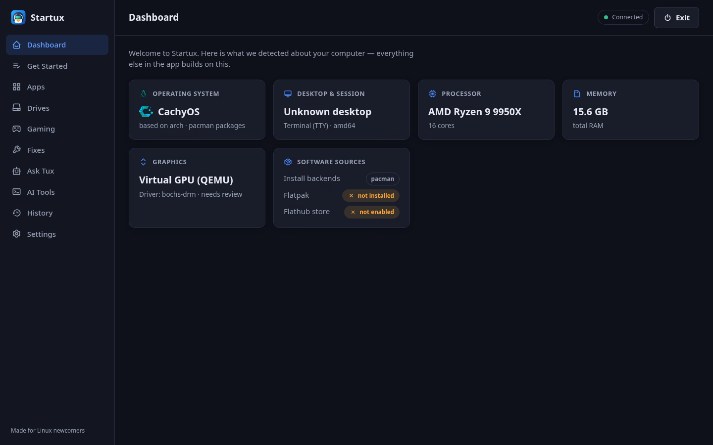 Startux dashboard showing detected operating system, processor, memory, graphics, and software sources.