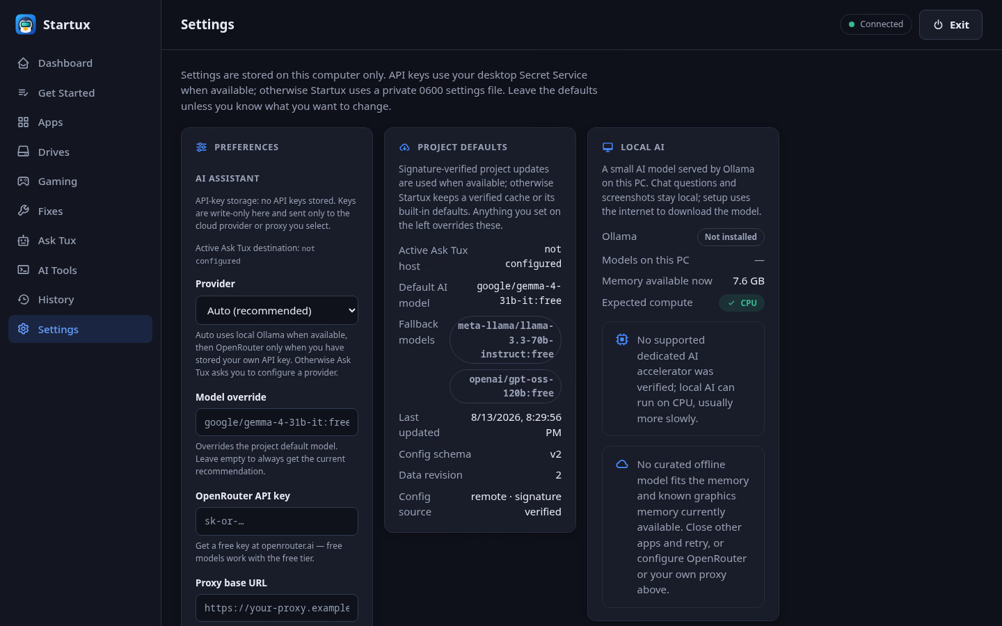 Startux settings with AI provider choices and local AI model recommendations based on system resources.