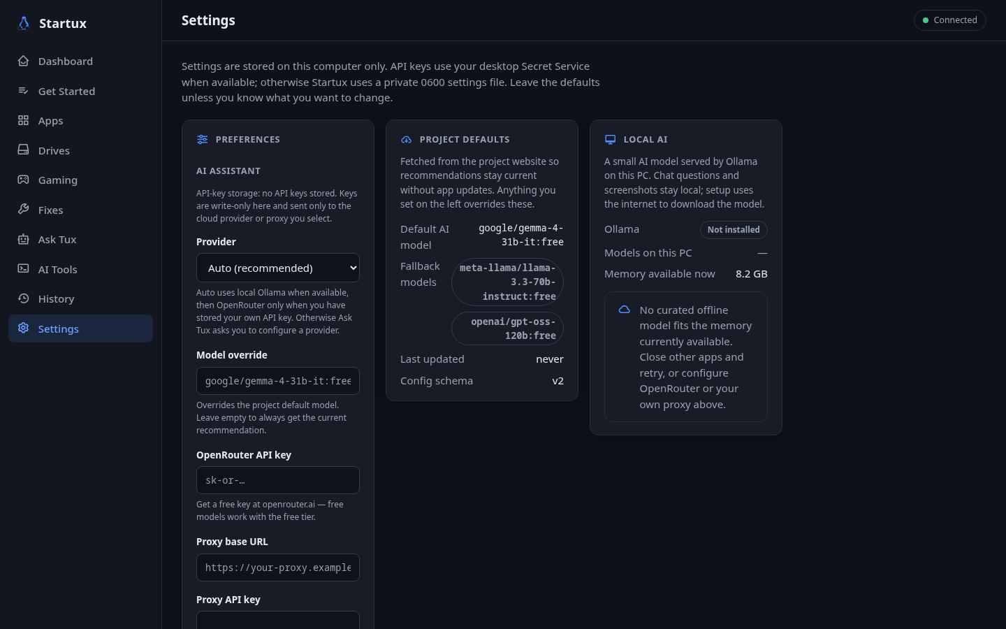 Startux settings page with AI provider choices, the current project default and fallback models, and a local AI panel listing model sizes for 8, 16 and 24 GB of RAM with a Set up local AI button.